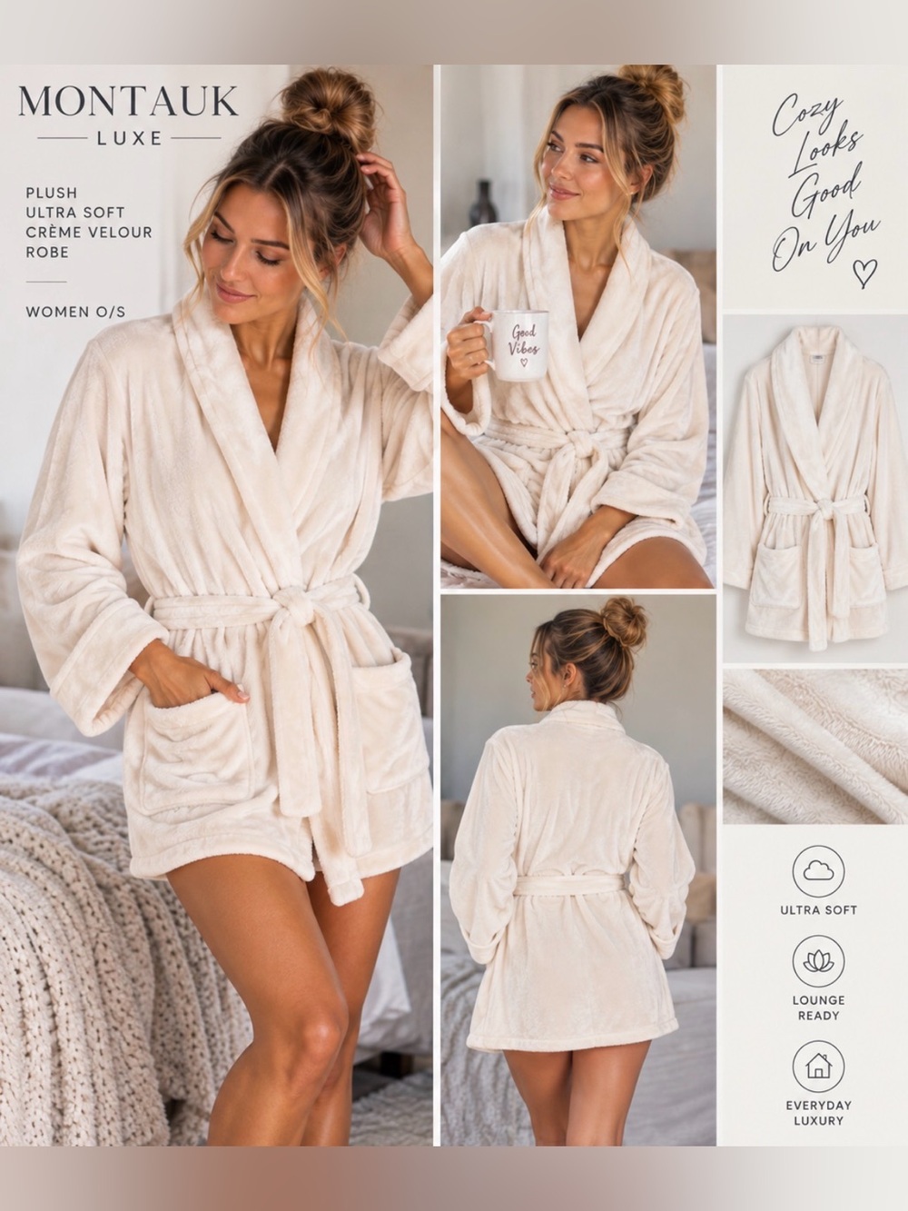 Montauk Luxe Plush Ultra Soft‎ Creme Velour Robe Women OS Self Tie Waist NEW